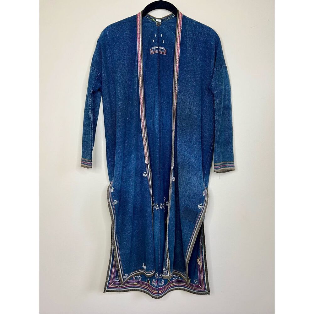 Vintage Blue Embroidered Denim Duster Coat